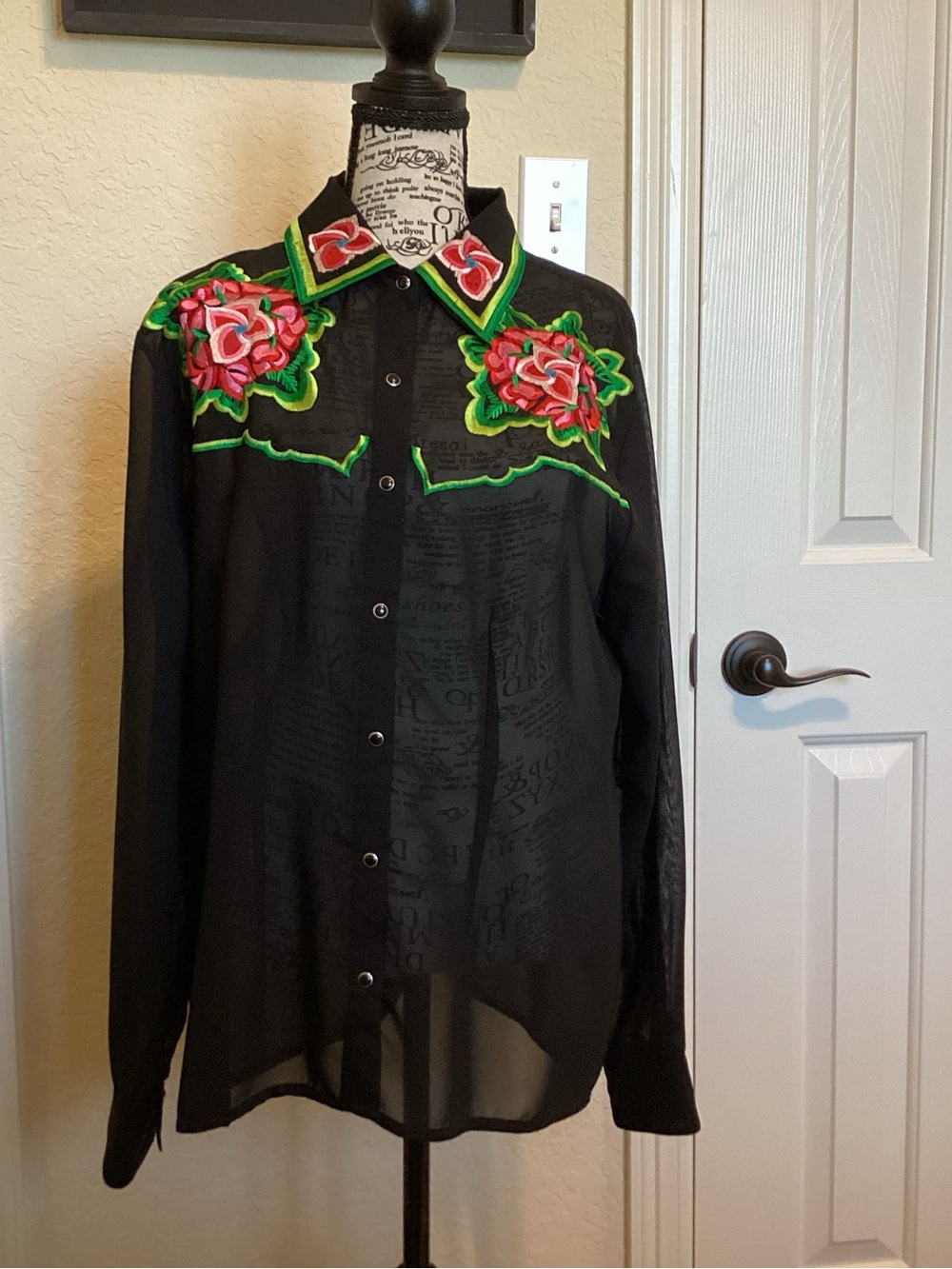 Black Sheer Button-Front Blouse with Pink & Green Floral Embroidery